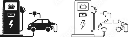 Set of vector black and white electric car charging station icons showing vehicle connected to power pump for eco transportation and green energy concepts.