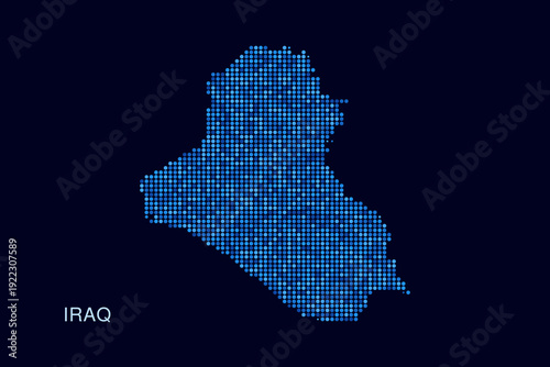 Iraq Map - Blue Dotted Halftone Vector Illustration on Dark Navy Background, Abstract Circle Grid Silhouette Design for Infographic and Modern Presentation Use.