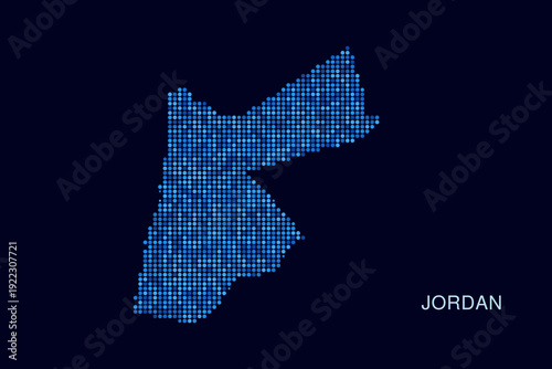 Jordan Map - Blue Dotted Halftone Vector Illustration on Dark Navy Background, Abstract Circle Grid Silhouette Design for Infographic and Modern Presentation Use.