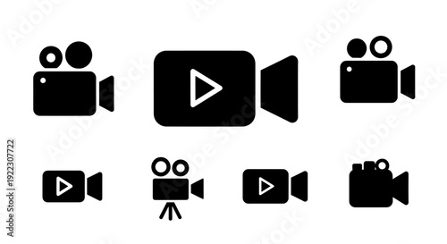 Set of Video Camera Icons and Movie Player Symbols in Minimalist Flat Style