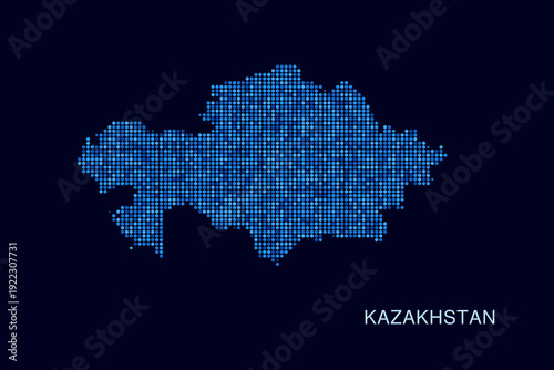 Kazakhstan Map - Blue Dotted Halftone Vector Illustration on Dark Navy Background, Abstract Circle Grid Silhouette Design for Infographic and Modern Presentation Use.