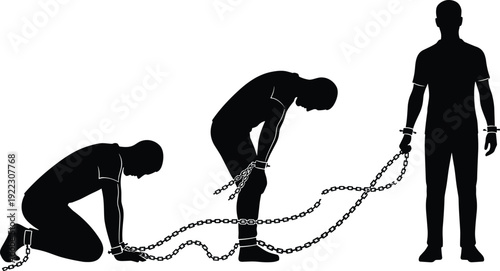 Silhouette sequence of chained human figure progressing from kneeling to standing, symbolic illustration of oppression, resilience, empowerment, and gradual movement toward freedom despite constraints
