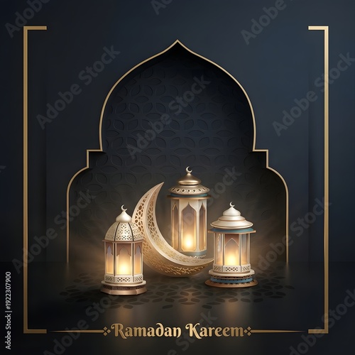 Ramadan Kareem greeting with illuminated lanterns and crescent moon on dark background