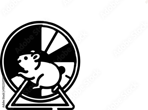 A white cartoon hamster runs on a black exercise wheel with white sections on a plain white background with a triangular base