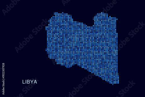 Libya Map - Blue Dotted Halftone Vector Illustration on Dark Navy Background, Abstract Circle Grid Silhouette Design for Infographic and Modern Presentation Use.