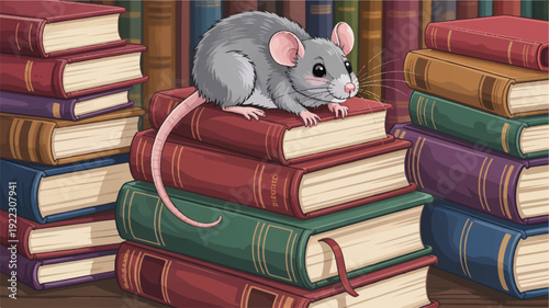 A gray mouse sits on a stack of colorful books in a library with a long pink tail and ears up