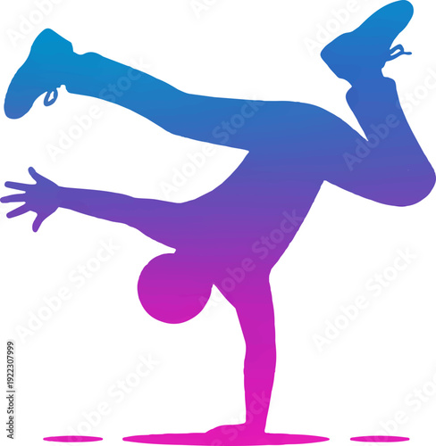 Breakdancer in dynamic handstand position with vibrant blue and pink gradient silhouette against white background conveying energy and athleticism in a stylized illustration