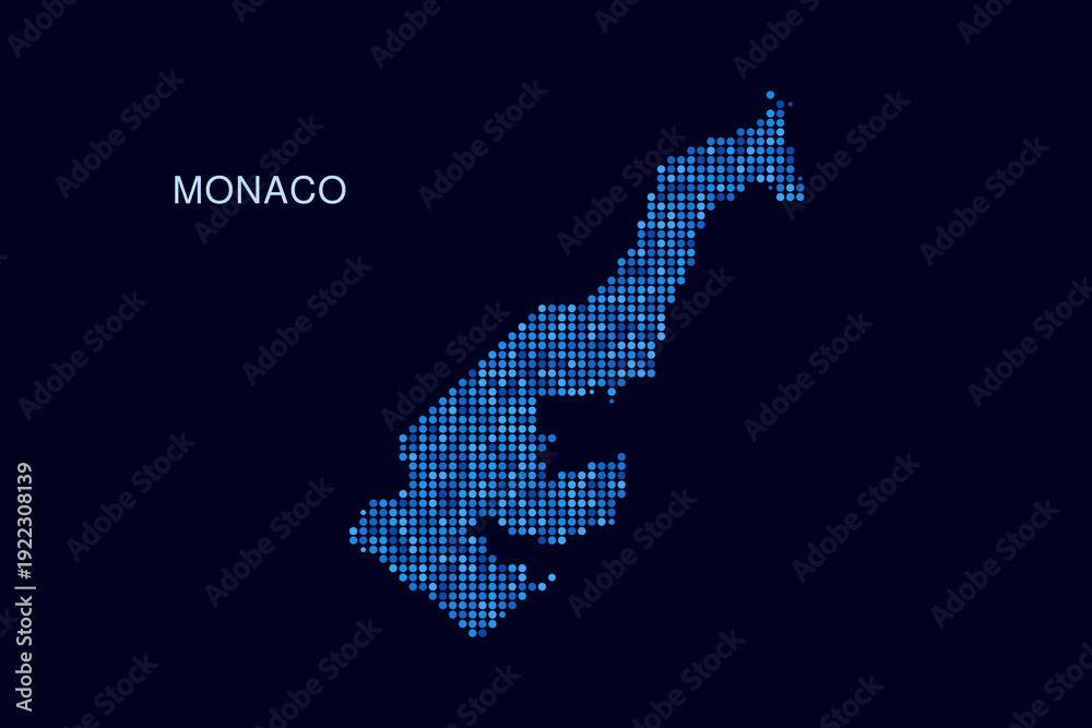 Naklejka premium Monaco Map - Blue Dotted Halftone Vector Illustration on Dark Navy Background, Abstract Circle Grid Silhouette Design for Infographic and Modern Presentation Use.