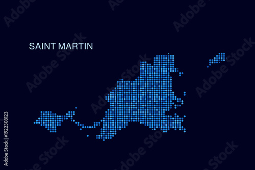 Saint Martin Map - Blue Dotted Halftone Vector Illustration on Dark Navy Background, Abstract Circle Grid Silhouette Design for Infographic and Modern Presentation Use.