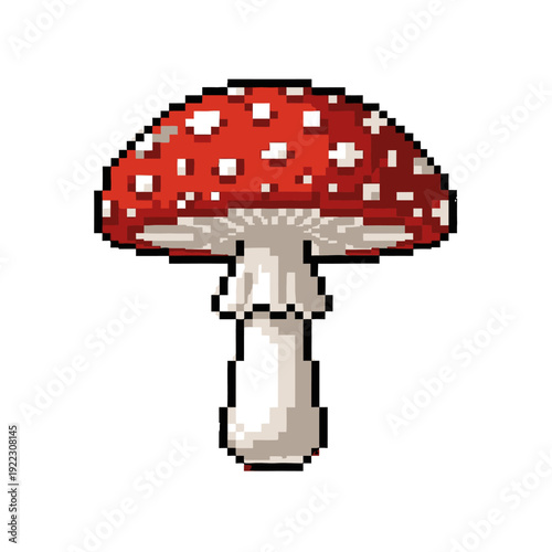 Pixel art illustration of a red mushroom with white spots on a white background