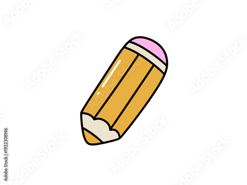 A cartoon drawing of a yellow pencil with pink eraser