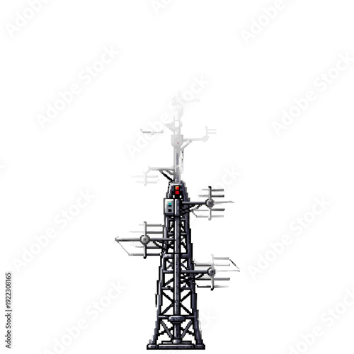 Close-up of a black radio broadcasting tower with multiple antennas emitting signals against a plain white background.