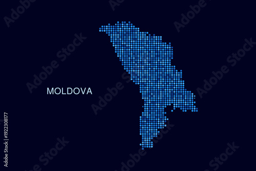 Moldova Map - Blue Dotted Halftone Vector Illustration on Dark Navy Background, Abstract Circle Grid Silhouette Design for Infographic and Modern Presentation Use.