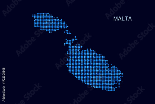 Malta Map - Blue Dotted Halftone Vector Illustration on Dark Navy Background, Abstract Circle Grid Silhouette Design for Infographic and Modern Presentation Use.