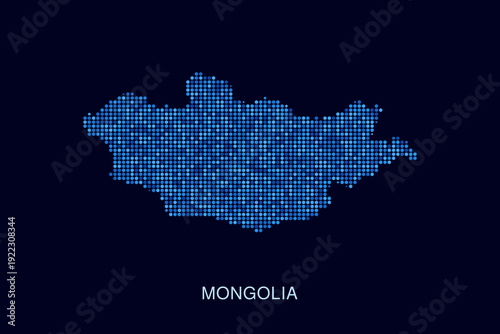 Mongolia Map - Blue Dotted Halftone Vector Illustration on Dark Navy Background, Abstract Circle Grid Silhouette Design for Infographic and Modern Presentation Use.