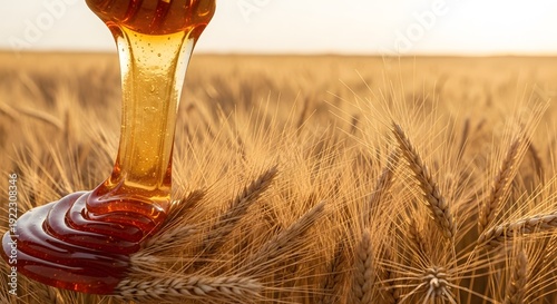 Honey pouring from a glass jar into a wheat field at sunset.