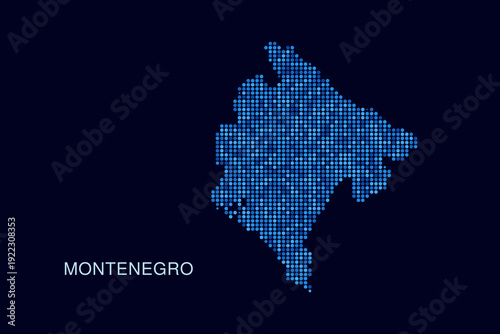 Montenegro Map - Blue Dotted Halftone Vector Illustration on Dark Navy Background, Abstract Circle Grid Silhouette Design for Infographic and Modern Presentation Use.