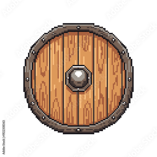 Pixel art illustration of a wooden shield with metal rim and central bolt on white background