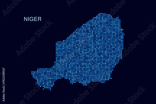Niger Map - Blue Dotted Halftone Vector Illustration on Dark Navy Background, Abstract Circle Grid Silhouette Design for Infographic and Modern Presentation Use.