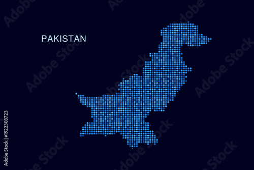Pakistan Map - Blue Dotted Halftone Vector Illustration on Dark Navy Background, Abstract Circle Grid Silhouette Design for Infographic and Modern Presentation Use.
