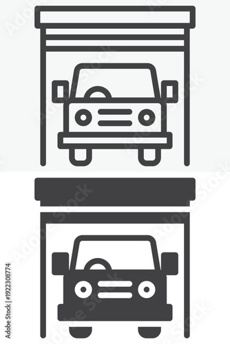 Car garage icon set with vehicle inside workshop in line and solid styles. Outline and solid icon with editable stroke vector sign and repair symbol.