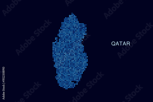 Qatar Map - Blue Dotted Halftone Vector Illustration on Dark Navy Background, Abstract Circle Grid Silhouette Design for Infographic and Modern Presentation Use.