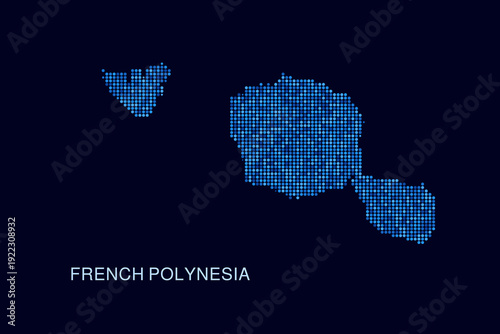 French Polynesia Map - Blue Dotted Halftone Vector Illustration on Dark Navy Background, Abstract Circle Grid Silhouette Design for Infographic and Modern Presentation Use.