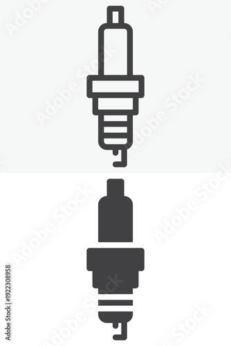 Spark plug icon set with ignition part in line and solid styles. Outline and solid icon with editable stroke vector sign and engine symbol.
