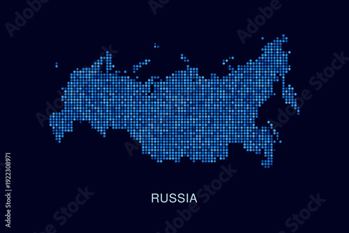 Russia Map - Blue Dotted Halftone Vector Illustration on Dark Navy Background, Abstract Circle Grid Silhouette Design for Infographic and Modern Presentation Use.