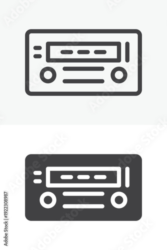 Car radio icon set with audio player panel in line and solid styles. Outline and solid icon with editable stroke vector sign and multimedia symbol.