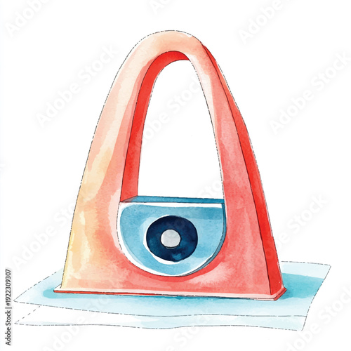 Watercolor Illustration of a Unique Abstract Architectural Structure with Blue Eye