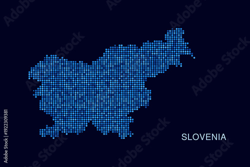 Slovenia Map - Blue Dotted Halftone Vector Illustration on Dark Navy Background, Abstract Circle Grid Silhouette Design for Infographic and Modern Presentation Use.