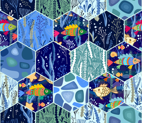 Seamless patchwork pattern on undersea theme with fish and seaweeds.