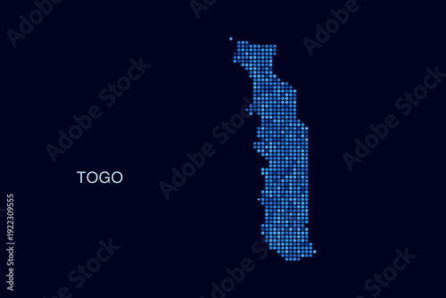 Togo Map - Blue Dotted Halftone Vector Illustration on Dark Navy Background, Abstract Circle Grid Silhouette Design for Infographic and Modern Presentation Use.