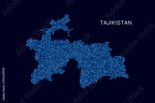 Tajikistan Map - Blue Dotted Halftone Vector Illustration on Dark Navy Background, Abstract Circle Grid Silhouette Design for Infographic and Modern Presentation Use.