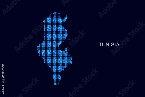 Tunisia Map - Blue Dotted Halftone Vector Illustration on Dark Navy Background, Abstract Circle Grid Silhouette Design for Infographic and Modern Presentation Use.