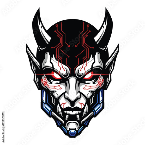 Cyborg demon face with red circuit lines and glowing eyes