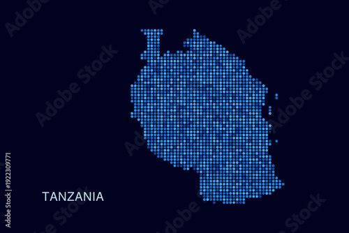 Tanzania Map - Blue Dotted Halftone Vector Illustration on Dark Navy Background, Abstract Circle Grid Silhouette Design for Infographic and Modern Presentation Use.