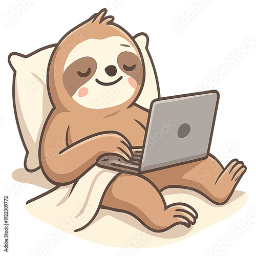 Funny lazy sloth working on a laptop in bed, embodying the 'work from home' lifestyle. Soft colors and clean background in a cartoon vector style.
