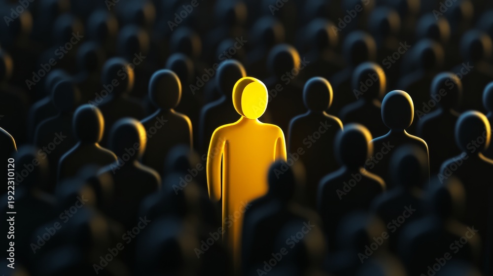 Fototapeta premium Yellow figure stands out among dark figures in a crowd at an unknown location