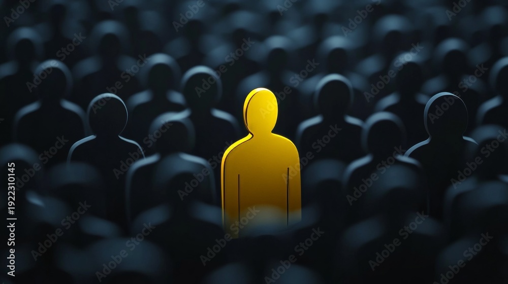 Obraz premium Unique yellow figure stands out among many dark shapes in a crowded setting