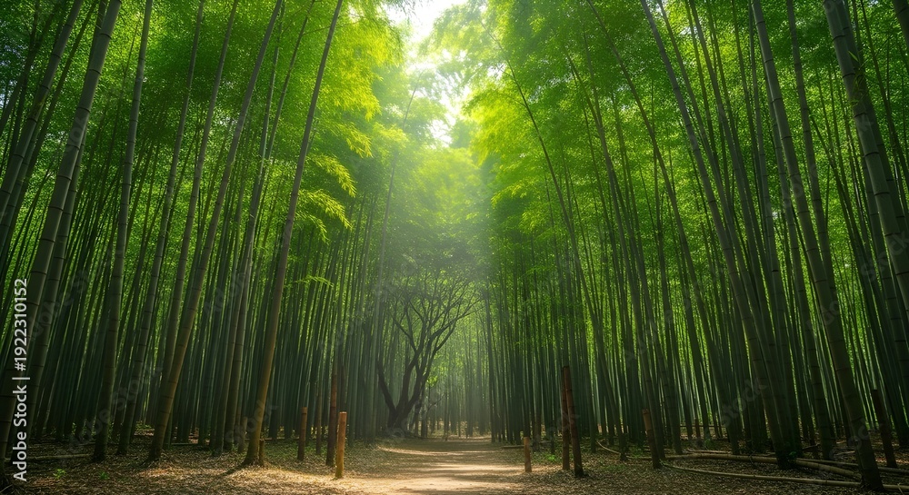Fototapeta premium Serene bamboo forest with sunlight filtering through