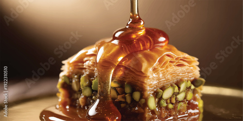 Delicious baklava pastry with honey and pistachios on a plate