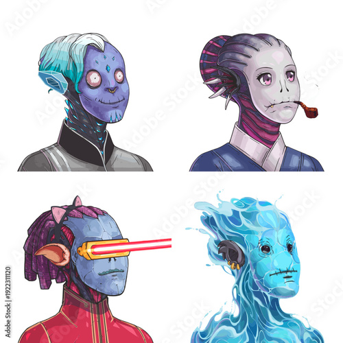 Wild alien avatar pack of crystal glowing sorcerer, purple masked aristocrat, red cyberpunk officer and blue liquid elemental vector character design set
