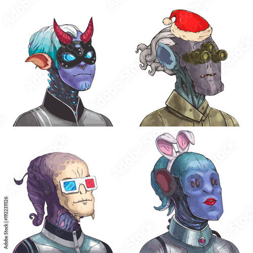 Zany alien avatar pack of crystal glowing sorcerer, dreadlocked hunter, purple space mutant and blue aquatic navigator vector character design set