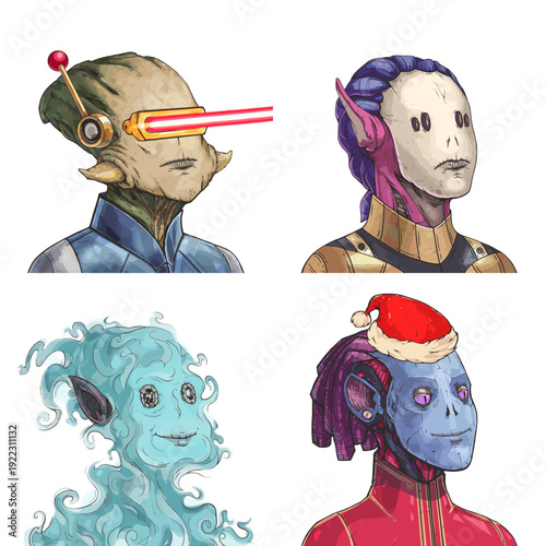 Funny alien avatar pack of green insectoid pilot, armored cyborg, ghostly undead phantom and red cyberpunk officer vector cartoon illustration set