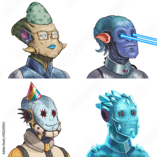 Groovy alien avatar pack of insectoid pilot, aquatic navigator, augmented engineer and frozen golem scalable avatar illustration set