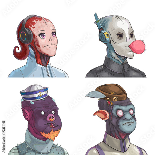 Wacky alien avatar pack of tentacled medic, sleek spy, spiked punk and gorilla soldier scalable avatar illustration set