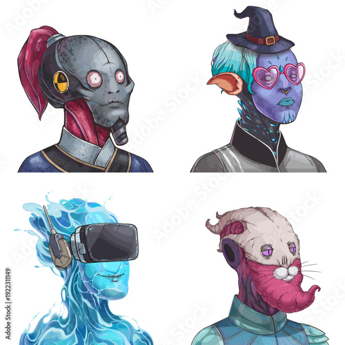 Fierce alien avatar pack of cybernetic assassin, crystal glowing sorcerer, blue liquid elemental and pink strange scout editable digital character set