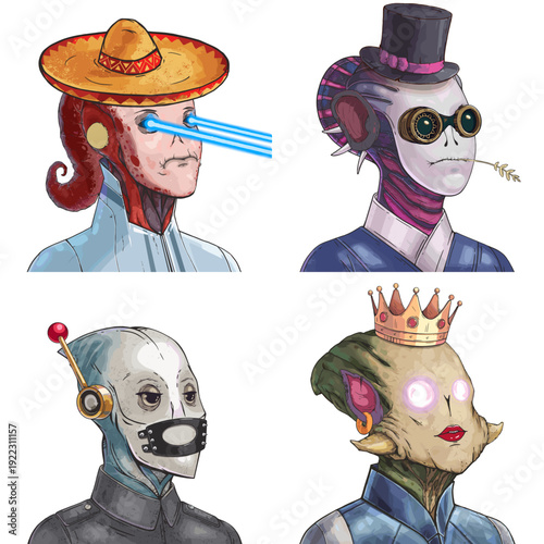 Bizarre alien avatar pack of red tentacled medic, purple masked aristocrat, grey sleek spy and green insectoid pilot vector cartoon illustration set